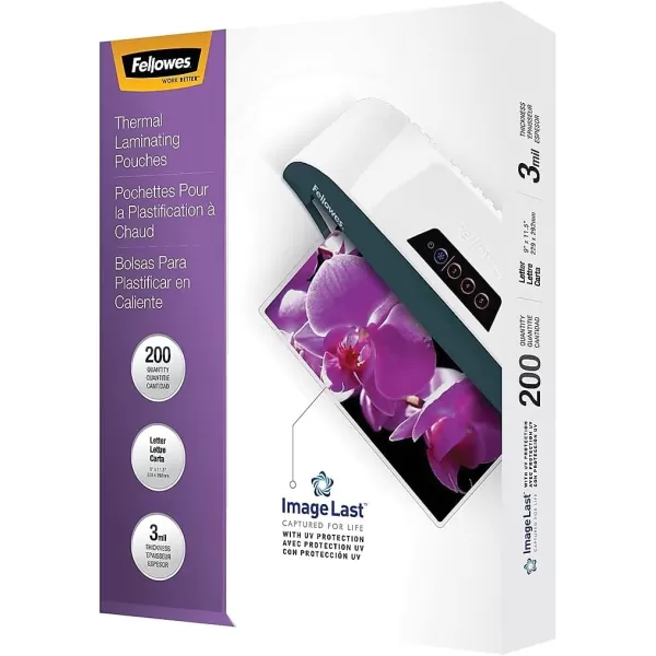 Fellowes Thermal Laminating Pouches ImageLast Jam Free Letter Size 3 Mil 200 Pack 5244101