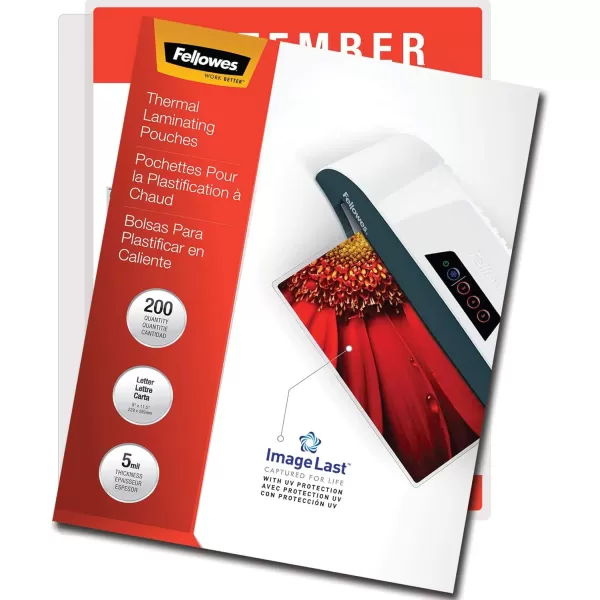 Fellowes Thermal Laminating Pouches ImageLast Jam Free Letter Size 5 Mil 200 Pack 5245301