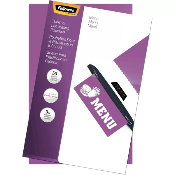 Fellowes Hot Laminating Pouches 3 Mil Menu Size 50 Per Pack 520133mil50pk