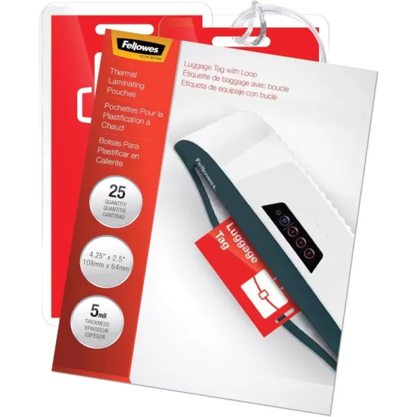 Fellowes Hot Laminating Pouches Luggage ID Tag with Loop 5 mil 25 Pack 520035mil25pk