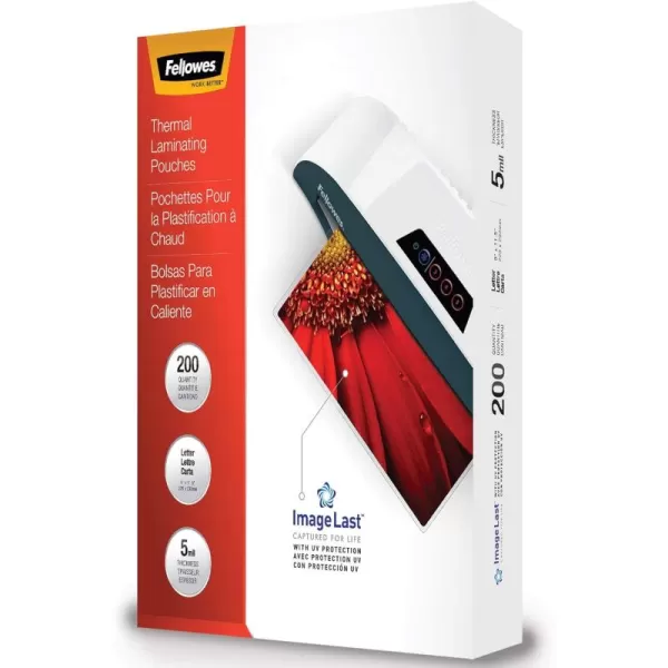 Fellowes Thermal Laminating Pouches ImageLast Jam Free Letter Size 5 Mil 200 Pack 5245301