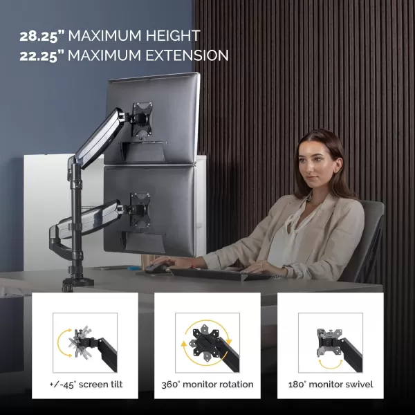 imageFellowes Platinum Series Dual and Dual Stacking Monitor Arm for 27 Inchstacking and 32 Inchside by side Monitors Full Motion 360 Rotation VESA Mount with Grommet or Clamp USB Ports Ergonomic Black 8043401