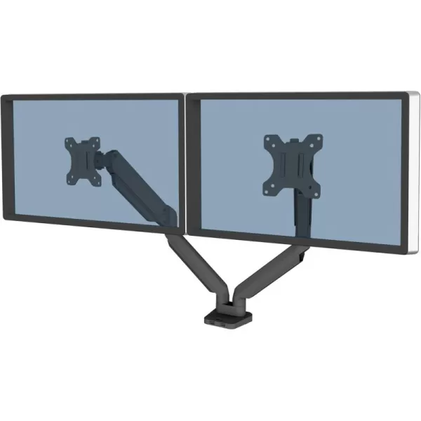 imageFellowes Platinum Series Dual Monitor Arm for 32Inch Monitors Full Motion 360 Rotation VESA Mount with Grommet or Clamp USB Ports Ergonomic Black 8042501