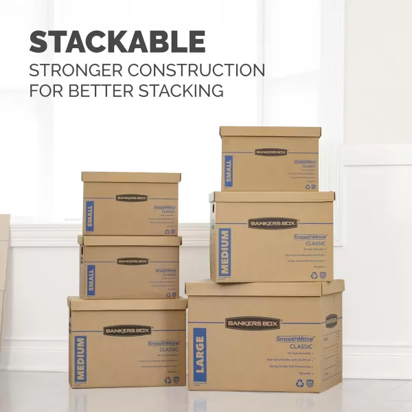 imageBankers Box Medium Classic Moving Box 8 Pack Reinforced Handles TapeFree Assembly Box with Lid 19in x 145in x 155in 77172018Pk