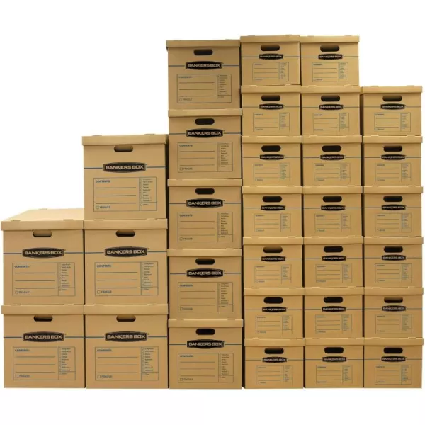 imageBankers Box Classic Moving Box 30 Pack Kit Reinforced Handles TapeFree Assembly Box with Lid 5 Small 20 Medium and 5 Large Boxes 7716502