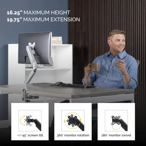 imageFellowes Platinum Series Single Monitor Arm for 32Inch Monitors Full Motion 360 Rotation VESA Mount with Grommet or Clamp USB Ports Ergonomic Silver 8056401