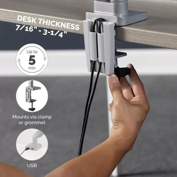 imageFellowes Platinum Series Single Monitor Arm for 32Inch Monitors Full Motion 360 Rotation VESA Mount with Grommet or Clamp USB Ports Ergonomic Silver 8056401