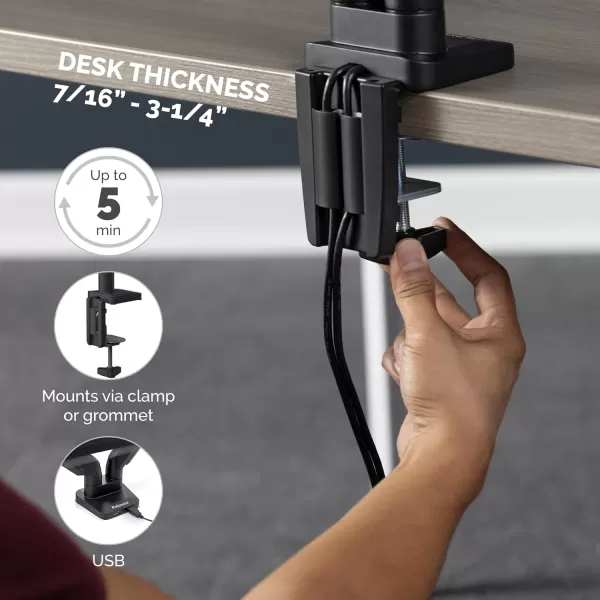 imageFellowes Platinum Series Triple Monitor Arm for 27Inch Monitors Full Motion 360 Rotation VESA Mount with Grommet or Clamp USB Ports Ergonomic Black 8042601
