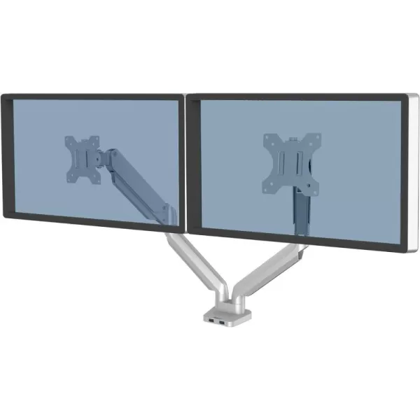 imageFellowes Platinum Series Dual Monitor Arm for 32Inch Monitors Full Motion 360 Rotation VESA Mount with Grommet or Clamp USB Ports Ergonomic Silver 8056501