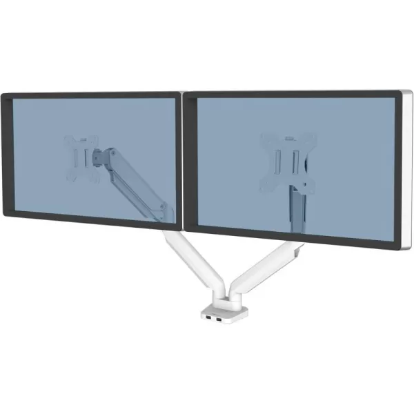 imageFellowes Platinum Series Dual Monitor Arm for 32Inch Monitors Full Motion 360 Rotation VESA Mount with Grommet or Clamp USB Ports Ergonomic White 8056301