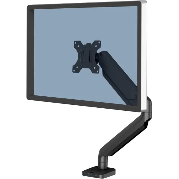 imageFellowes Platinum Series Single Monitor Arm for 32Inch Monitors Full Motion 360 Rotation VESA Mount with Grommet or Clamp USB Ports Ergonomic Black 8043301Single