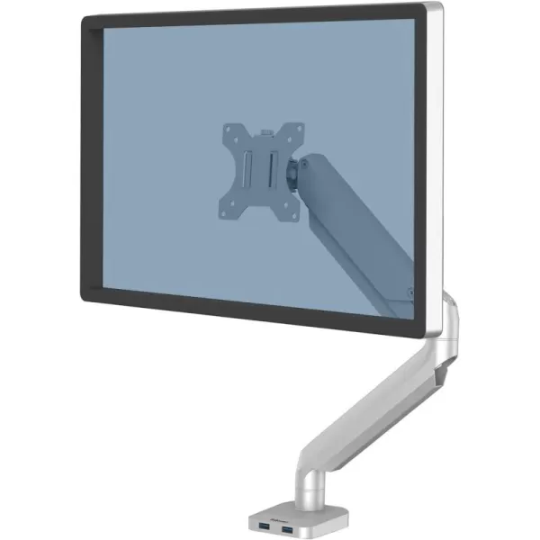 imageFellowes Platinum Series Single Monitor Arm for 32Inch Monitors Full Motion 360 Rotation VESA Mount with Grommet or Clamp USB Ports Ergonomic Silver 8056401