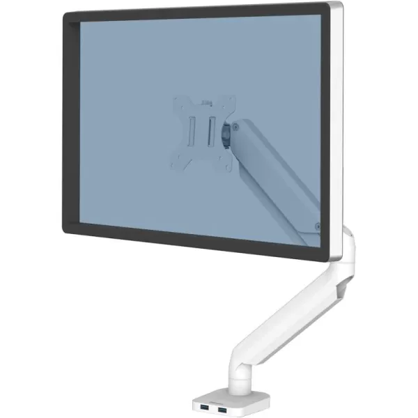 imageFellowes Platinum Series Single Monitor Arm for 32Inch Monitors Full Motion 360 Rotation VESA Mount with Grommet or Clamp USB Ports Ergonomic White 8056201