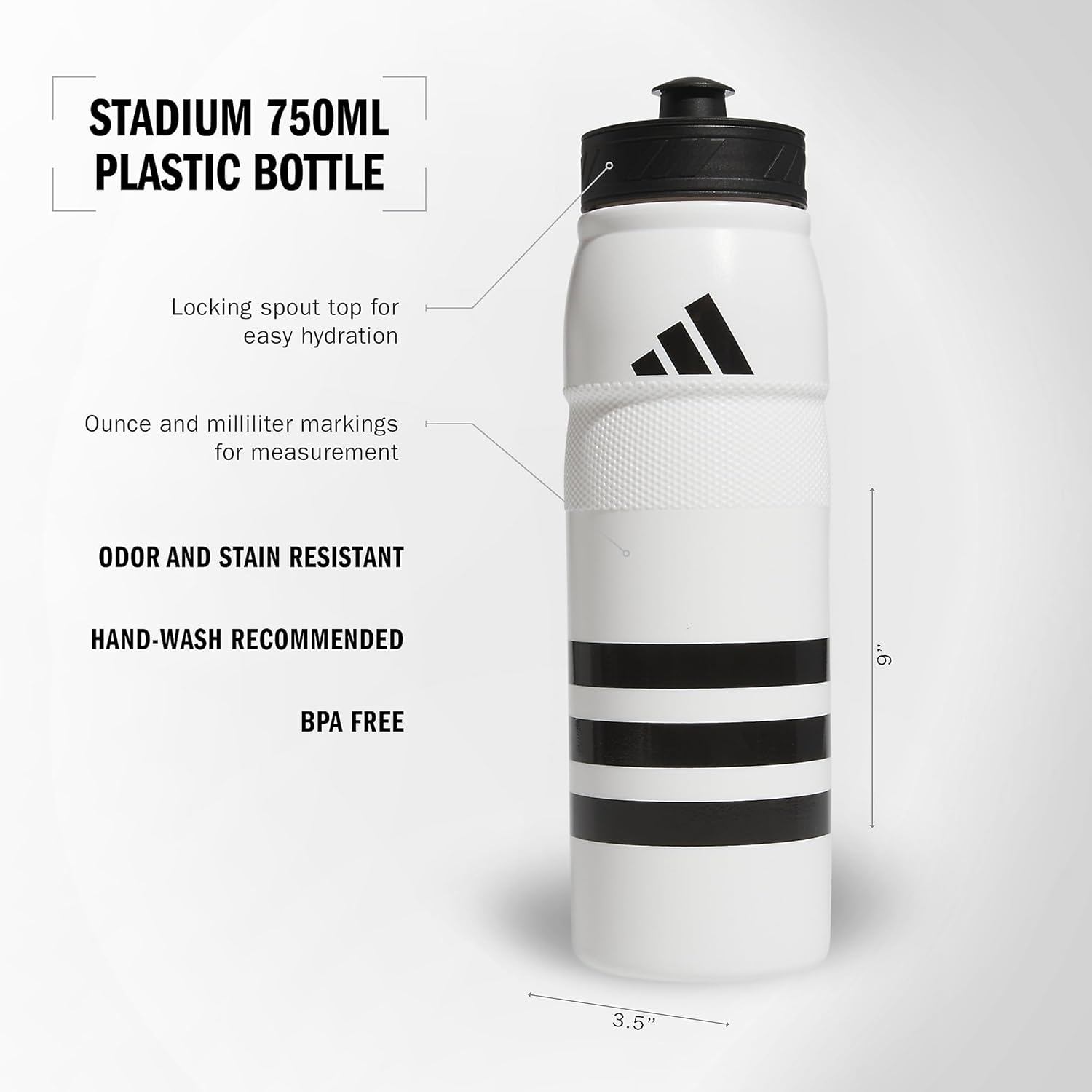 adidas 750 ML 28 oz Stadium Refillable Plastic Sport Water Bottle BlackWhiteBlack One SizeWhiteBlackBlack