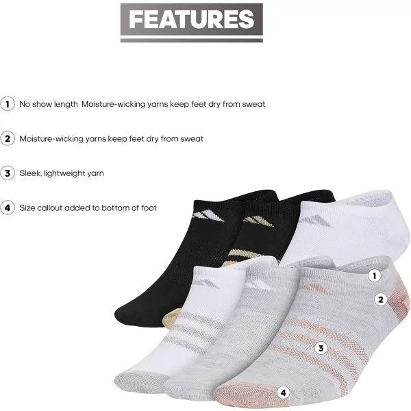 adidas KidsGirls Superlite No Show Socks 6PairCool Light HeatherWhiteBlack Shiny Nylon