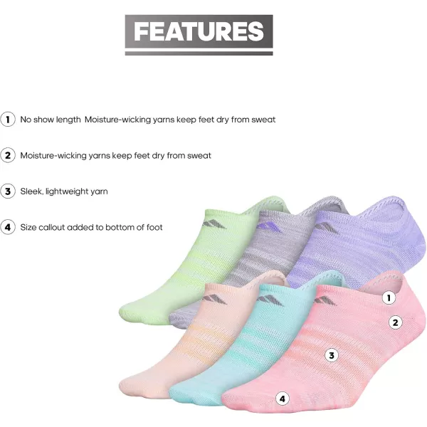 adidas KidsGirls Superlite No Show Socks 6PairEasy GreenLight Flash OrangeLight Flash Purple