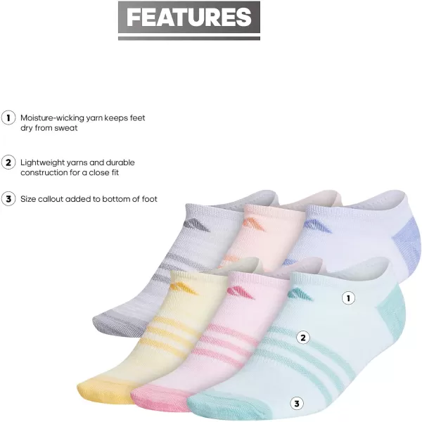 adidas KidsGirls Superlite No Show Socks 6PairHalo Mint GreenLight PinkOrange Tint