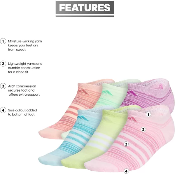 adidas KidsGirls Superlite No Show Socks 6PairOnix GreyGreyLucid Pink