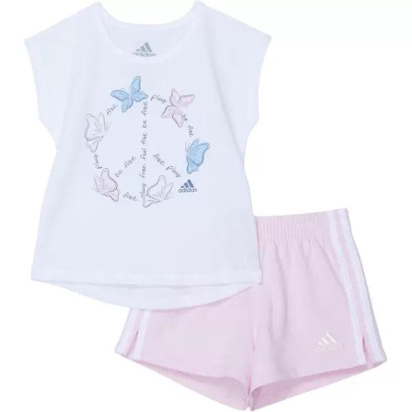 adidas girls 2 Piece Cotton French Terry Short SetWhite With Light Pink