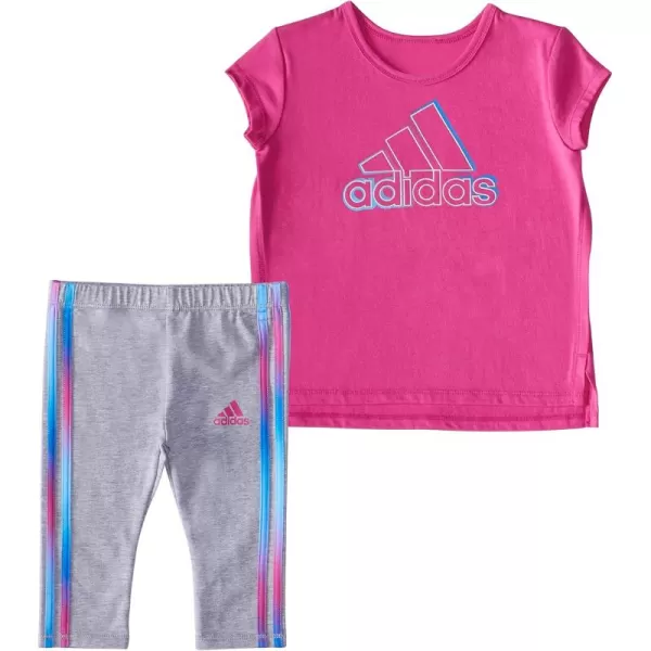 adidas girls 2 Piece Cotton Tee 3stripe Tight SetLeggingsPink