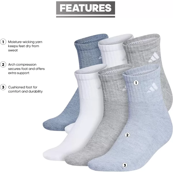 imageadidas Womens Athletic Quarter Socks 6PackHeather GreyWashed Denim Blue HeatherWhite