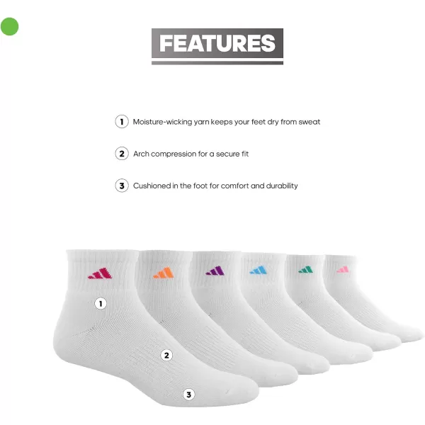 imageadidas Womens Athletic Quarter Socks 6PackWhiteSolar RedPinkPurpleGreenBlue