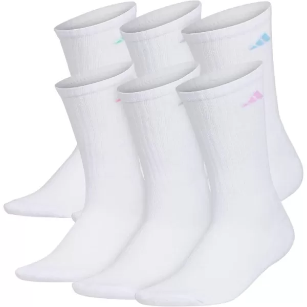 imageadidas Womens Athletic Cushioned Crew Socks 6Pair with arch compressionWhiteClear Sky BlueBliss Lilac Purple