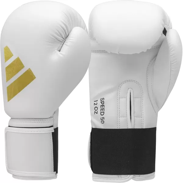 imageAdidas Speed 50 Boxing Gloves for Men Women ampamp Kids Intermediate Level PU Training Gloves Perfect for Fitness Classes Boxing Bag Workouts and SparringWHITEMETGOLD