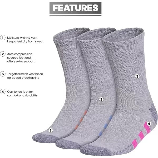 imageadidas Womens Cushioned Crew Socks with Arch Compression 3 PairsCool Light HeatherLucid Fuchsia PinkBlue Fusion