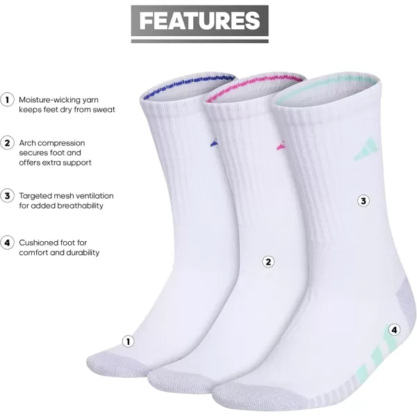 imageadidas Womens Cushioned Crew Socks with Arch Compression 3 PairsWhitePulse Mint GreenLucid Fuchsia Pink