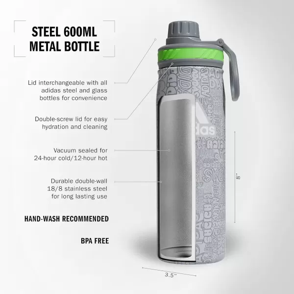 imageadidas 600 ML 20 oz Metal Water Bottle HotCold DoubleWalled Insulated 188 Stainless SteelAdi Font Madness Stone GreyGreyLucid Lime Green