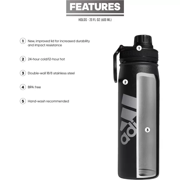 imageadidas 600 ML 20 oz Metal Water Bottle HotCold DoubleWalled Insulated 188 Stainless SteelBlackSilver Metallic