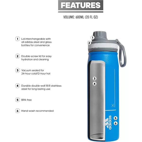 imageadidas 600 ML 20 oz Metal Water Bottle HotCold DoubleWalled Insulated 188 Stainless SteelBlue RushWhiteGrey