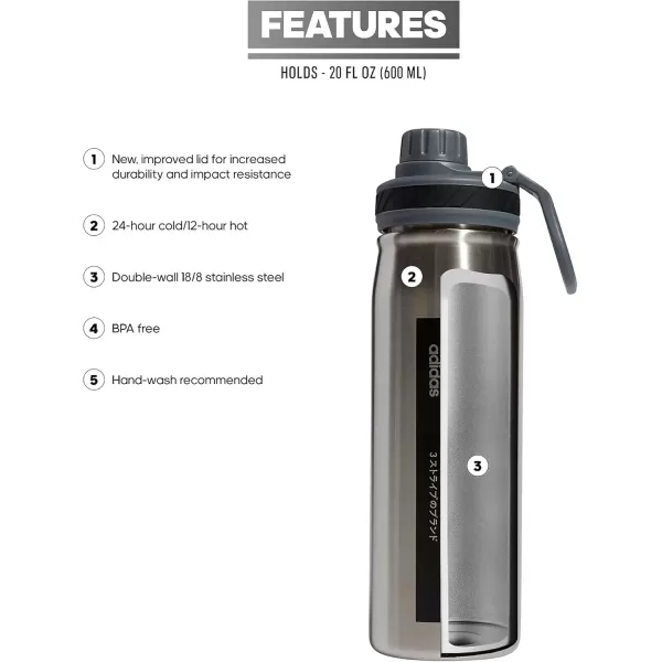 imageadidas 600 ML 20 oz Metal Water Bottle HotCold DoubleWalled Insulated 188 Stainless SteelStainless SteelOnix GreyBlack