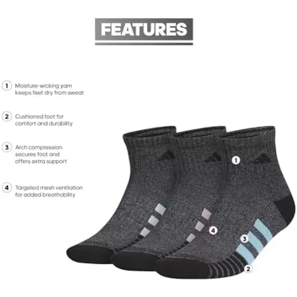 imageadidas Mens Cushioned Quarter Socks 3 PairsBlackOnix GreySemi Blue Burst