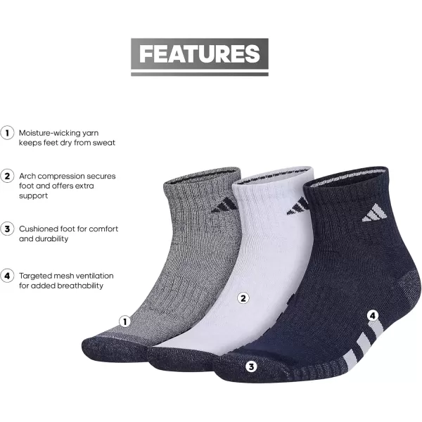 imageadidas Mens Cushioned Quarter Socks 3 PairsLegend Ink BlueWhiteGrey