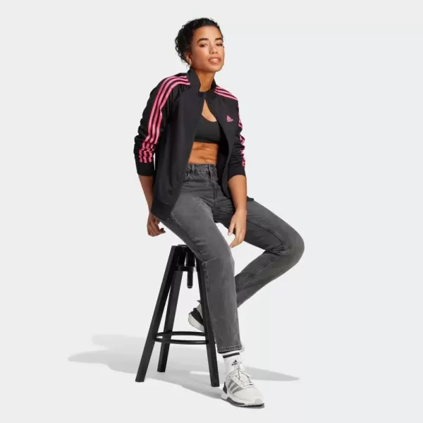 imageadidas Womens Essentials WarmUp Slim 3Stripes Track TopBlackPulse Magenta