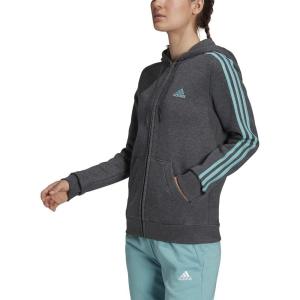imageadidas Womens Essentials Fleece 3Stripes FullZip HoodieDark Grey HeatherMint Ton