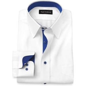 imagePaul Fredrick Mens Tailored Fit Comfort Stretch NonIron Solid Dress ShirtWhiteCobalt