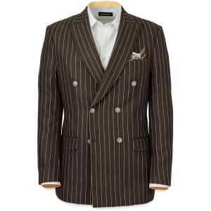 imagePaul Fredrick Mens Linen Pinstripe Double Breasted Peak Lapel Suit JacketDark Brown