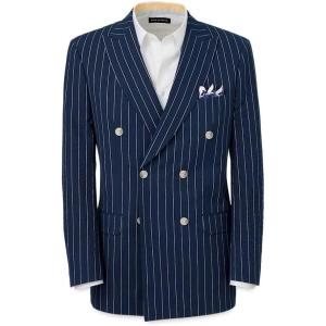 imagePaul Fredrick Mens Cotton Stretch Seersucker Pinstripe Peak Lapel Suit JacketNavy