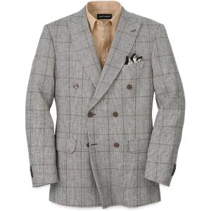 imagePaul Fredrick Mens Linen Blend Plaid Double Breasted Peak Lapel Sport CoatGreyBlack