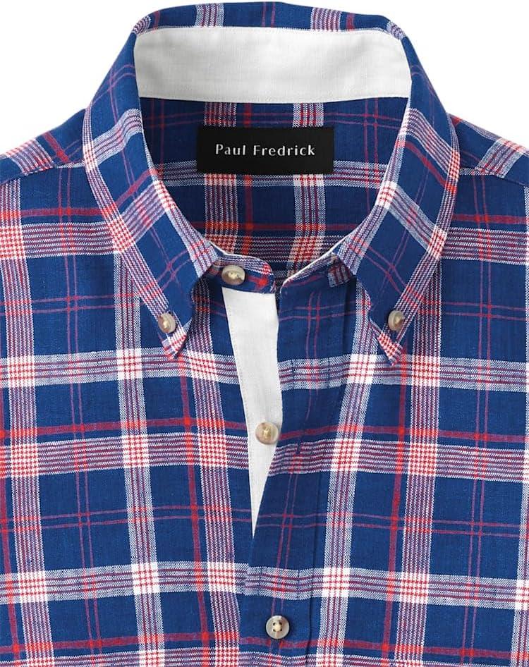 imagePaul Fredrick Mens Classic Fit Linen Plaid Casual ShirtBlueRed