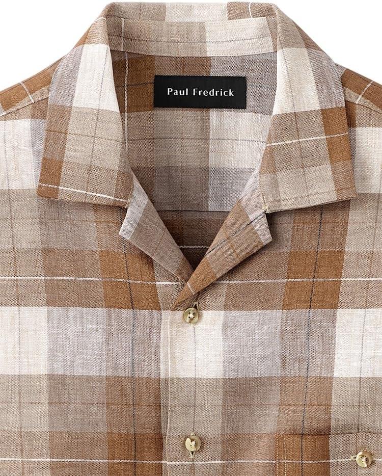 imagePaul Fredrick Mens Classic Fit Linen Plaid Casual ShirtBrown