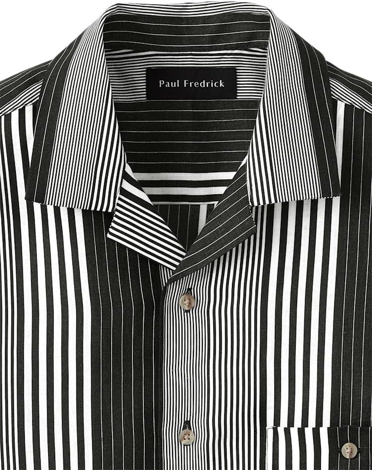 imagePaul Fredrick Mens Classic Fit Linen Stripe Print Casual ShirtBlack  White