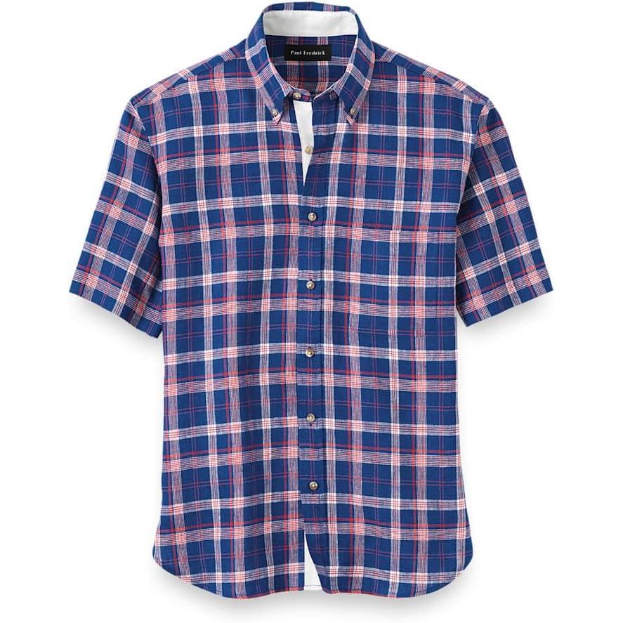 imagePaul Fredrick Mens Classic Fit Linen Plaid Casual ShirtBlueRed