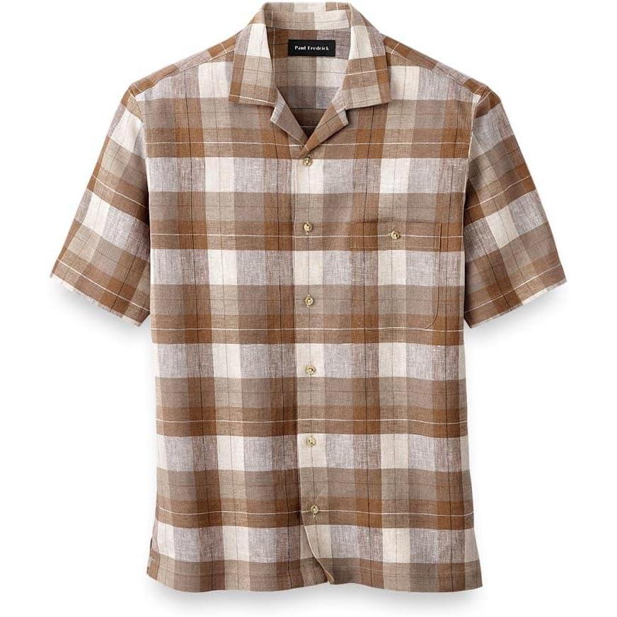 imagePaul Fredrick Mens Classic Fit Linen Plaid Casual ShirtBrown
