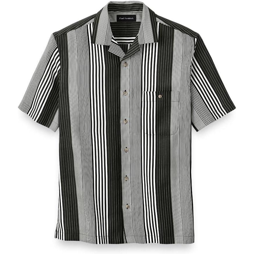imagePaul Fredrick Mens Classic Fit Linen Stripe Print Casual ShirtBlack  White