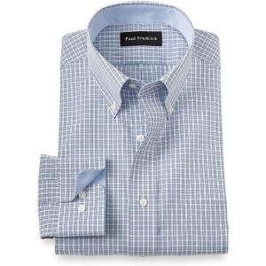 imagePaul Fredrick Mens Slim Fit NonIron Cotton Plaid Dress ShirtBlue
