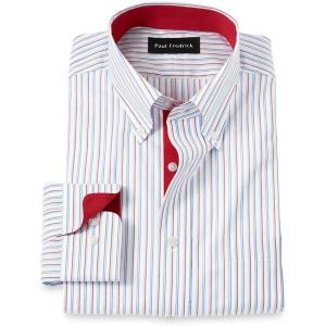 imagePaul Fredrick Mens Classic Fit NonIron Cotton Stripe Dress ShirtBlueRed